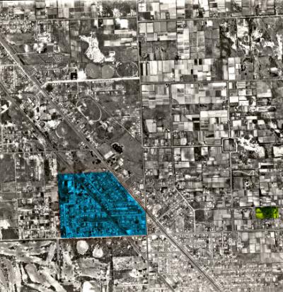 Aerial view of Cheltenham Highett 1954, Land shown in blue was purchased by Charles Smith in 1852 [picture].