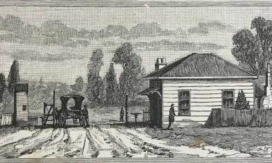 Etching of Toll Gate at St Kilda, c1865.