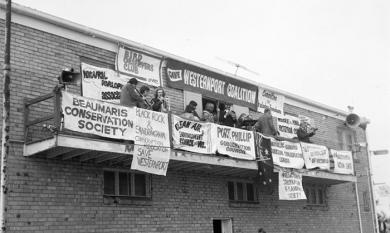Protestors at the Mordialloc Life Saving Club [picture].