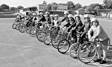 Pupils from OLA primary school in Cheltenham lined up on the bicycles during a bicycle safety program [picture].
