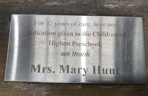 Mary Hunt's bench and plaque [picture]