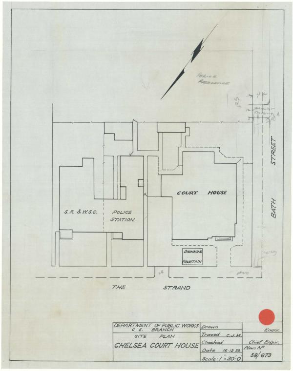Site plan for Chelsea Court House, plan no. 58/673, including details of adjacent Chelsea Police Station, and State Rivers &amp; Water Supply Corporation building, 16 December 1958