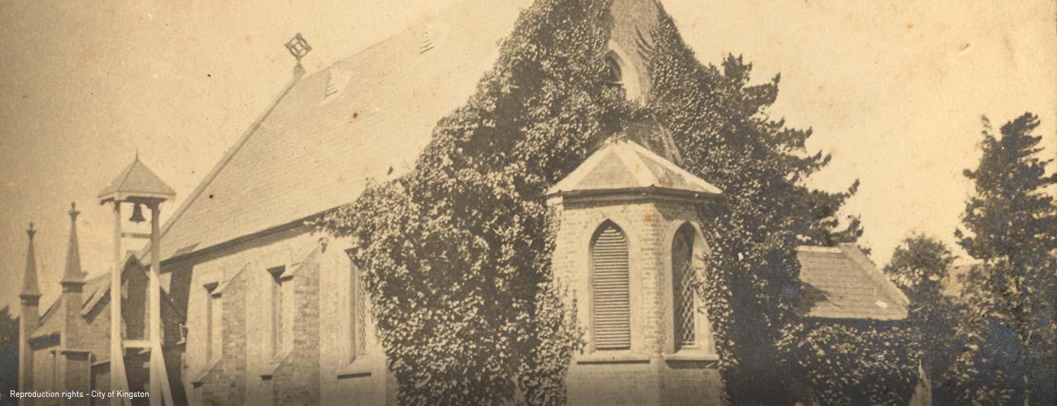 St Matthew's Church Cheltenham before the chancel additions were made, and showing bell tower behind the entrance porch [picture].