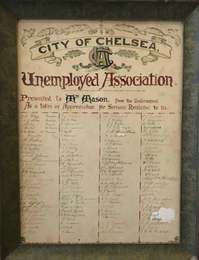 Certificate of thanks signed by office bearers of the Unemployed Association, committee members and other individuals in the community presented to Mrs Mason [picture]..