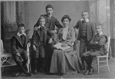 Mary Ann Fiander in 1905 with her sons, left to right, Frederick , Francis, Charles, Ernest and Louis [picture].