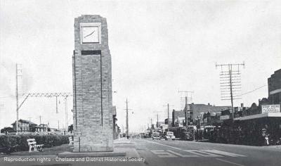Clock Tower at Chelsea on Point Nepean Road, adjacent to the railway line.  Erected 1934 [picture].