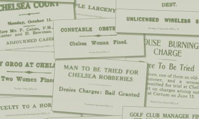Chelsea courthouse newspaper headlines collage [picture].