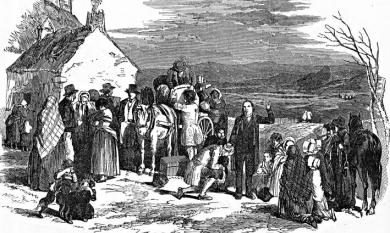 Priest's blessing on emigrants waiting for ships to America, Canada or Australia on the quay at Cork Ireland [picture].
