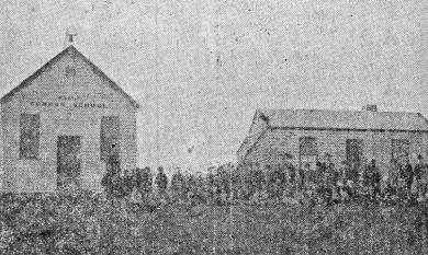 Mordialloc Common School, later Mordialloc State School with teachers' residence and the staff and pupils assembled outside.  Note the school bell [picture].