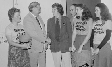 Dr Jim Cairns and supporters with candidate Tony Ross at election rally 1974 [picture].