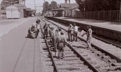 Workmen on the line at Cheltenham Railway Station, 1973 [picture].