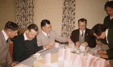 John Beesley third from left with helpers preparing material for Mordialloc Council Elections 1960 [picture].