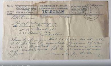 Telegram from Minister for Army to Mrs B Hackwell [Picture].