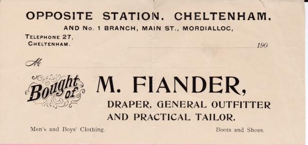 Letterhead for Mary Ann Fiander’s drapery business at Cheltenham [picture].