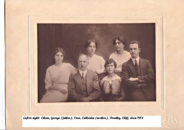 Scantlebury family L to R: Eileen, George,(father), Vera, Catherine (mother) Dorothy, Cliff [picture].