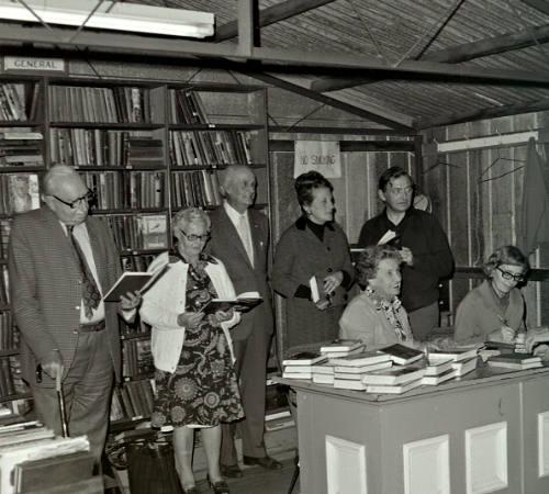Golden Jubilee of the Mentone Public Lending Library. From left F Hobill, I Hockin (librarian), W Gault, K Brooker, M Taylor and seated Mrs Harvey and Miss Anderson [picture].