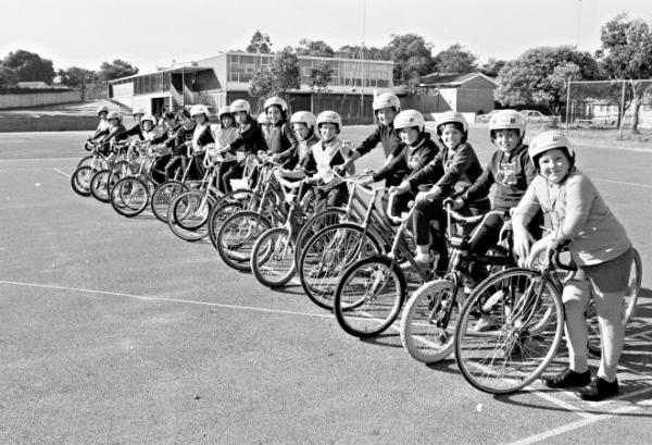 Pupils from OLA primary school in Cheltenham lined up on the bicycles during a bicycle safety program [picture].