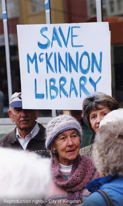 Edna Hoffman protests planned closure of the McKinnon Library [picture].