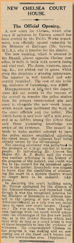 Article from The Age, 5 February 1929, New Chelsea Court House [picture].