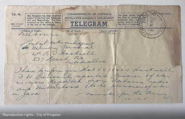 Telegram from Minister for Army to Mrs B Hackwell [Picture].