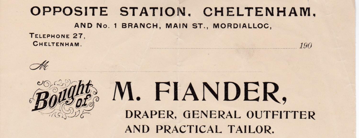 Letterhead for Mary Ann Fiander’s drapery business at Cheltenham [picture].